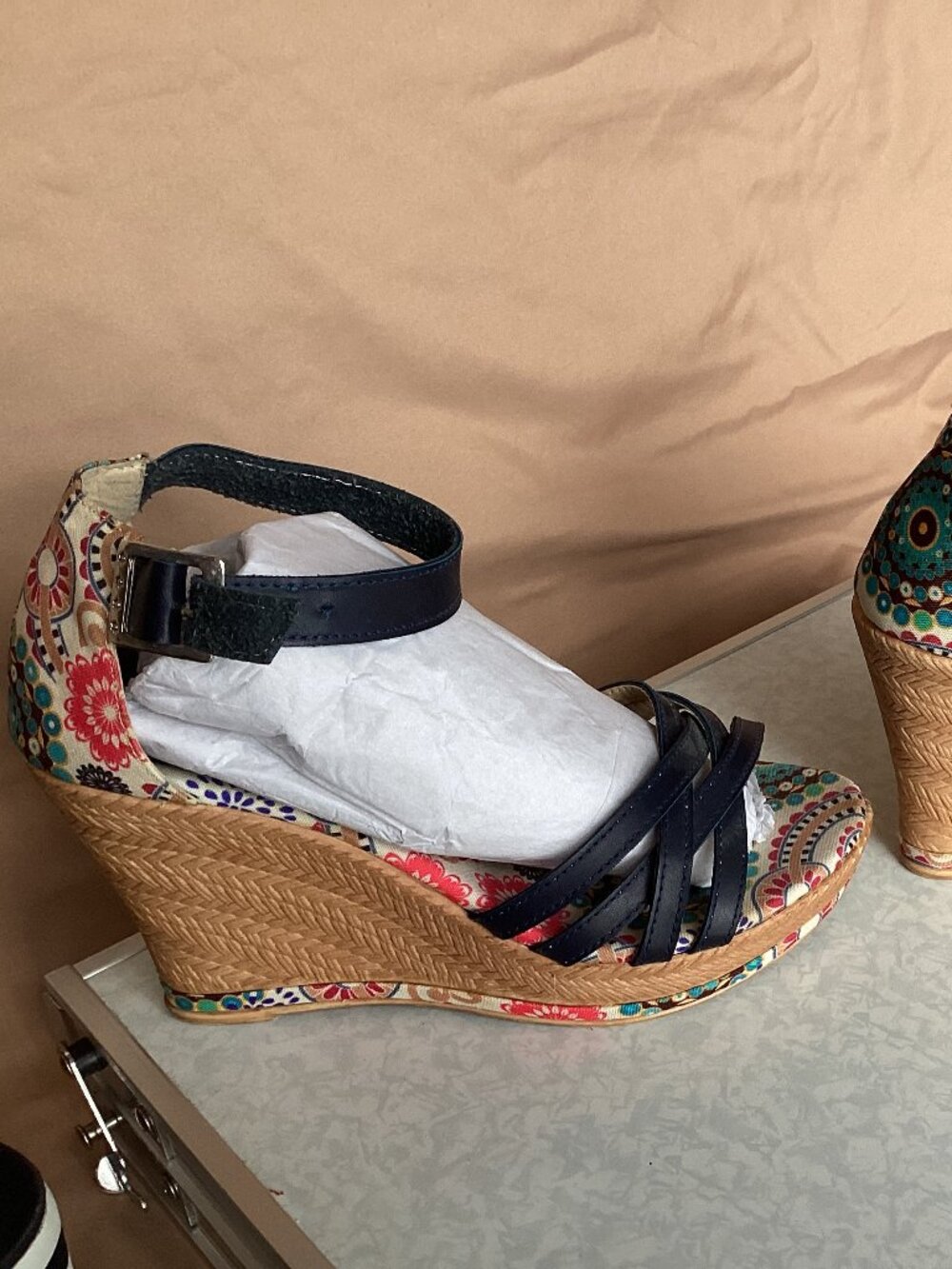 Tan and Blue Platform Wedge Sandals.
